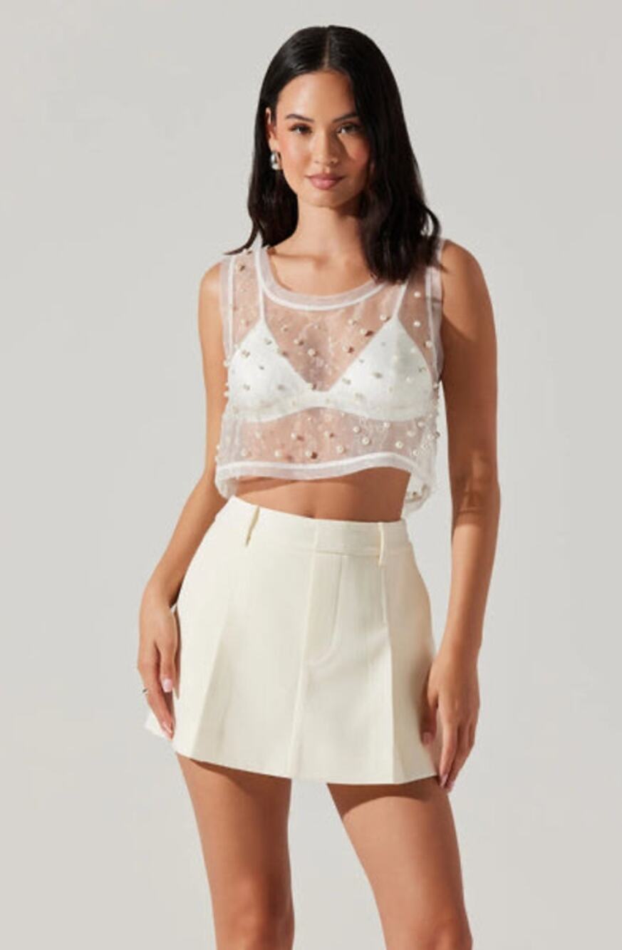 ASTR the Label Women’s XS Pearl Embellished Sheer Cropped Top White NWT